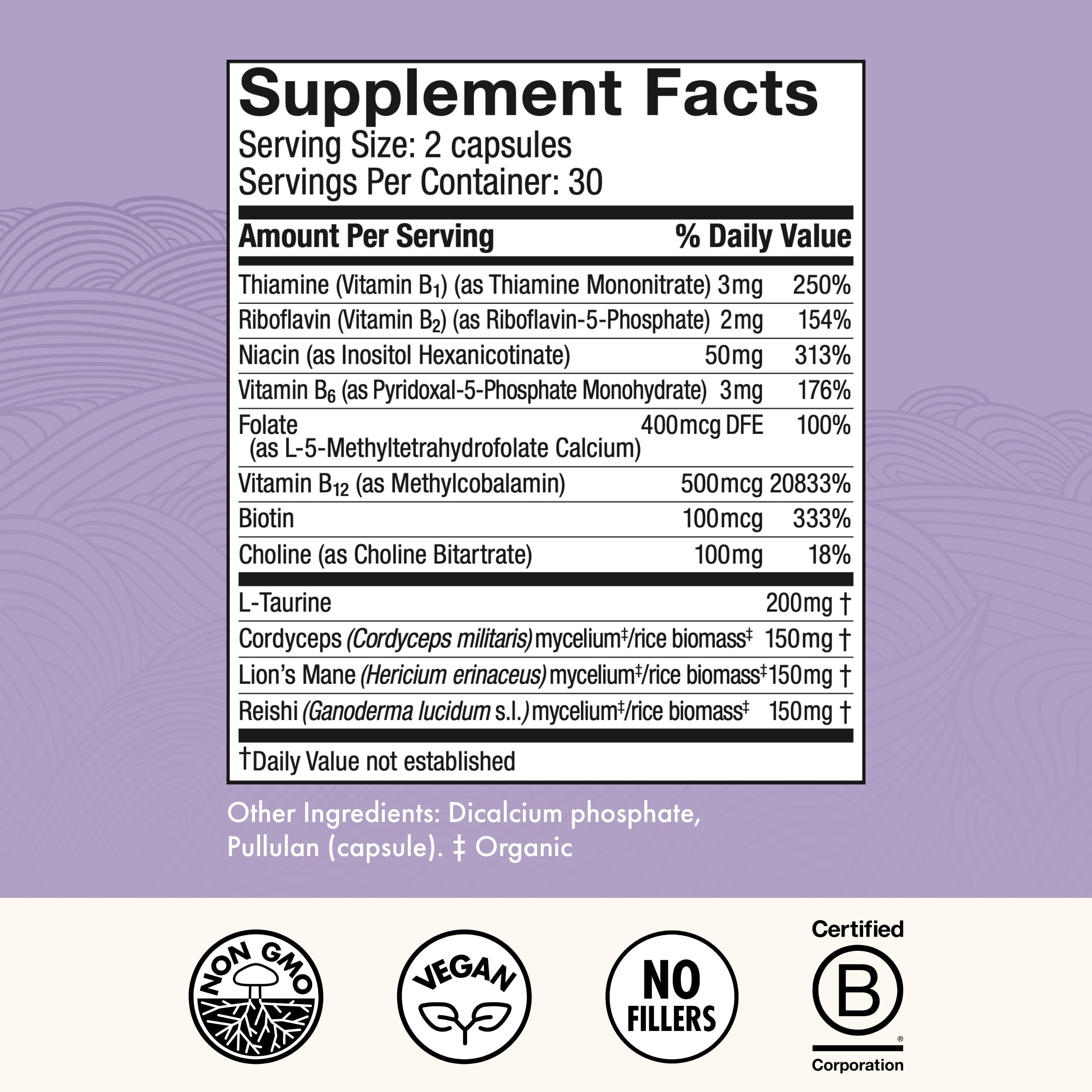 Close-up of Host Defense MycoBenefits Focus capsules highlighting the mushroom blend