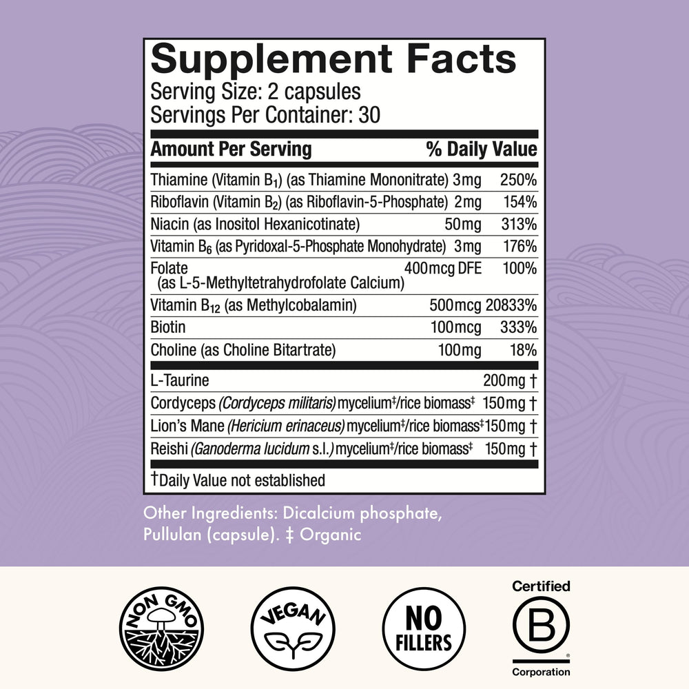 Close-up of Host Defense MycoBenefits Focus capsules highlighting the mushroom blend