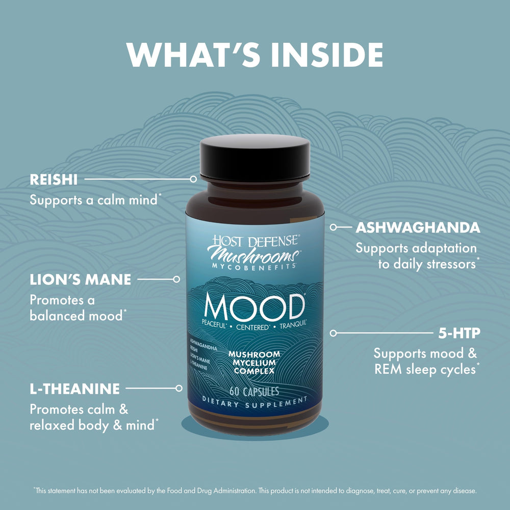 Host Defense MycoBenefits Mood pill dispense demonstrates easy take-and-go calm support.