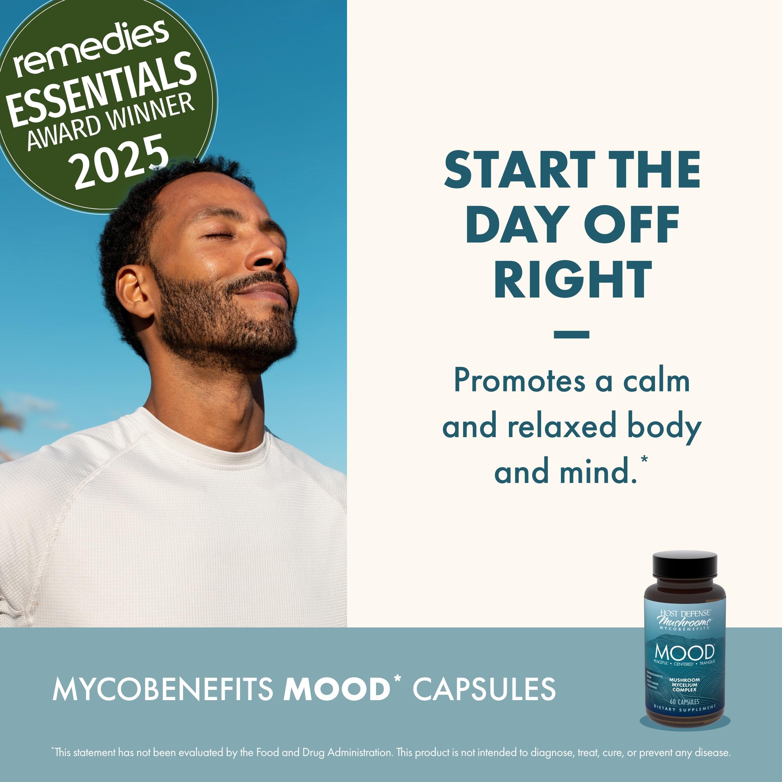 Host Defense MycoBenefits Mood relaxation scene conveys a calming daily routine.
