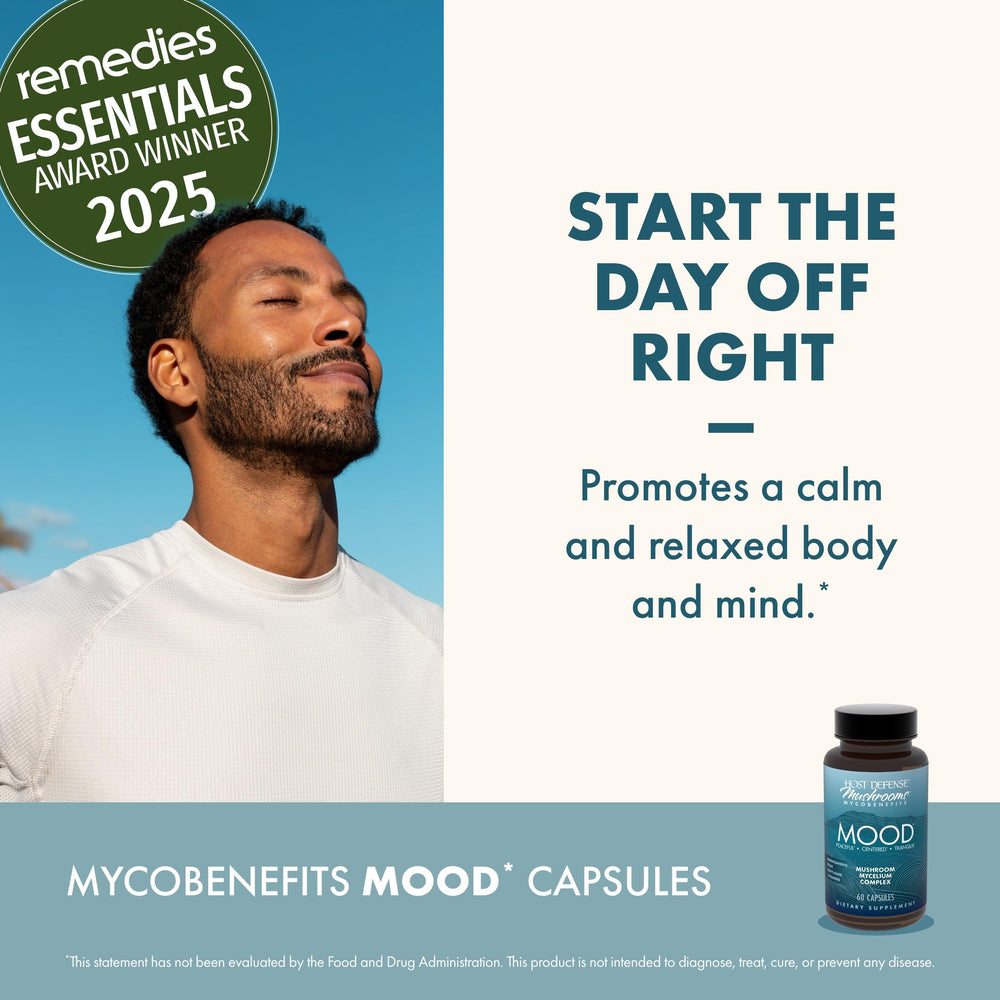 Host Defense MycoBenefits Mood relaxation scene conveys a calming daily routine.