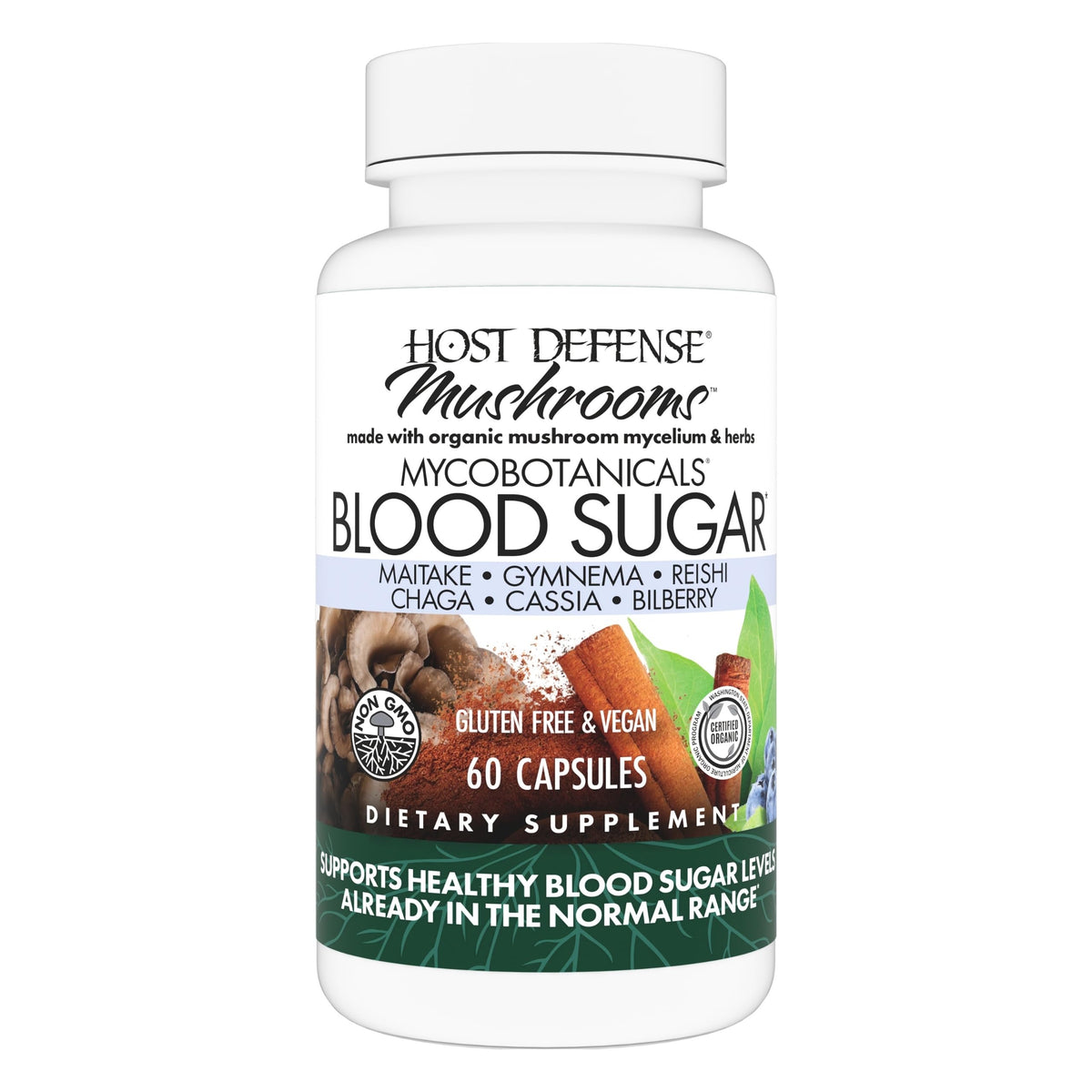 Host Defense MycoBotanicals bottle front with Reishi, Chaga, Maitake for energy support.