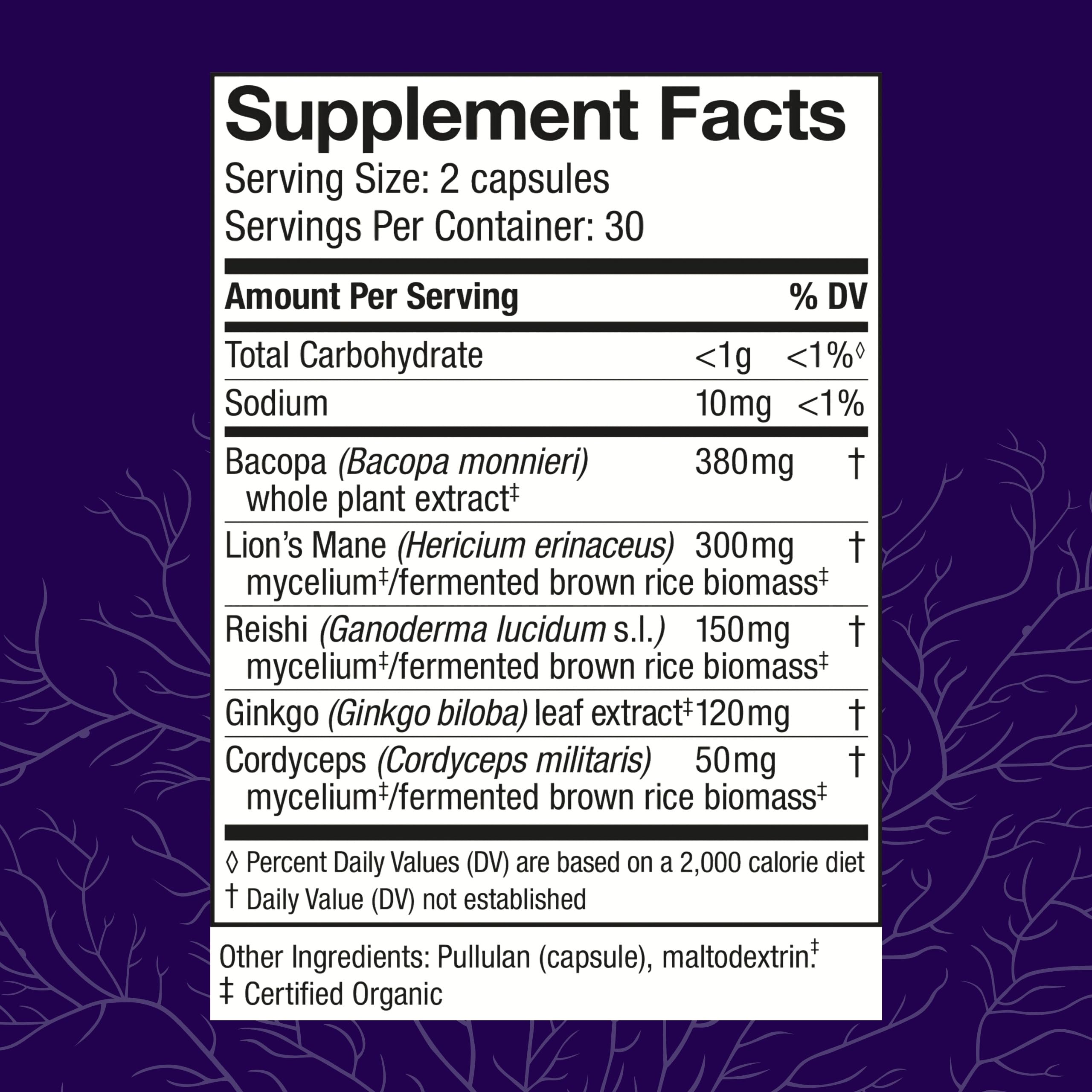 Host Defense Brain Capsules label emphasizing Lion's Mane and Reishi for cognitive wellness