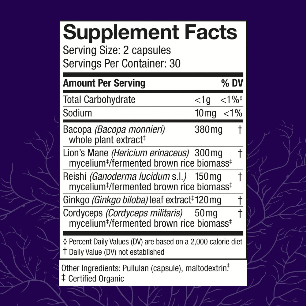 Host Defense Brain Capsules label emphasizing Lion's Mane and Reishi for cognitive wellness