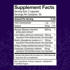 Host Defense Brain Capsules label emphasizing Lion's Mane and Reishi for cognitive wellness