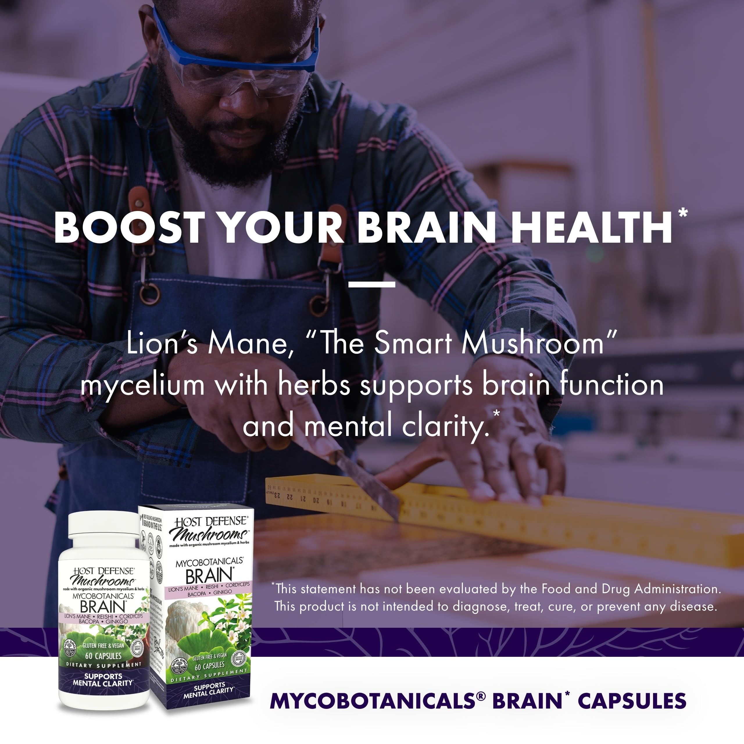 Packaging box of Host Defense Brain Capsules on natural wood surface