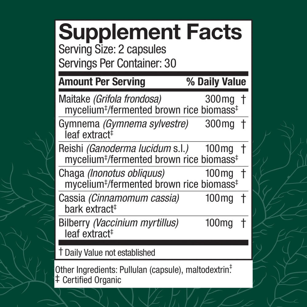 Host Defense MycoBotanicals capsules close-up showing organic, gluten-free formula grown in the USA.