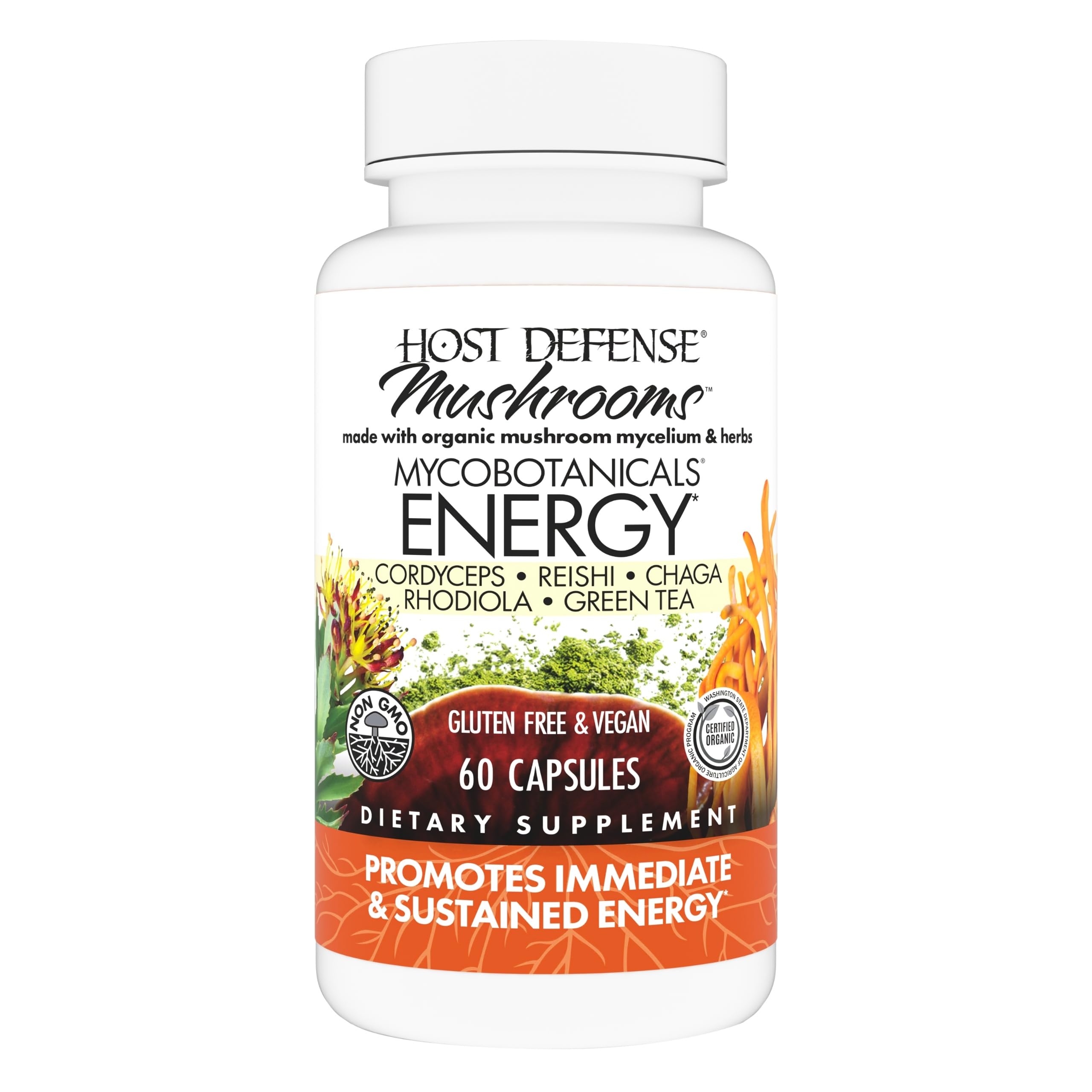 Host Defense MycoBotanicals Energy capsules in a bottle for daily energy support.