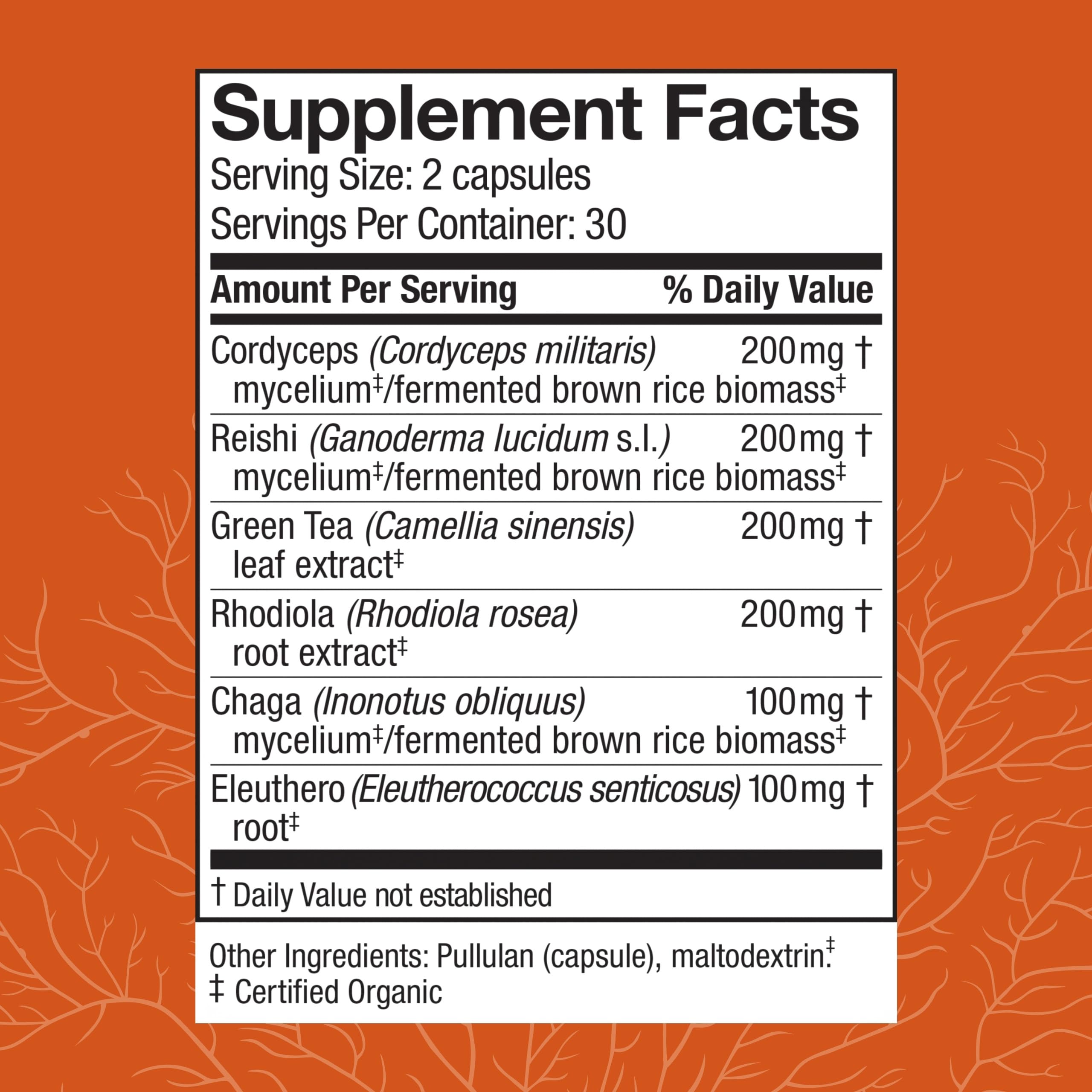 Host Defense MycoBotanicals Energy capsules being poured for easy daily use.