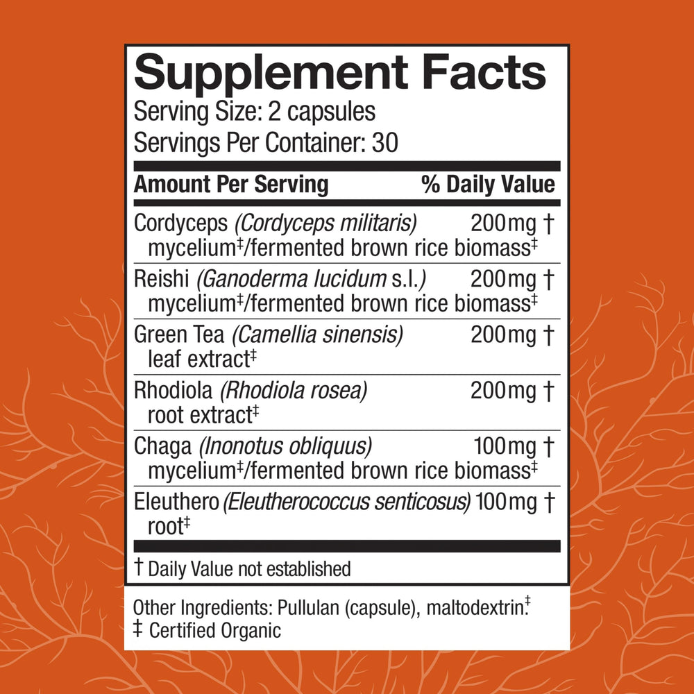Host Defense MycoBotanicals Energy capsules being poured for easy daily use.