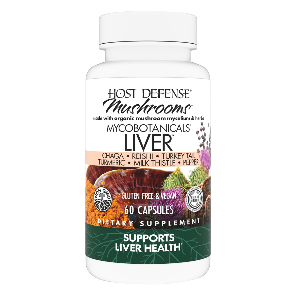 Host Defense MycoBotanicals Liver Capsules bottle front for daily liver support.