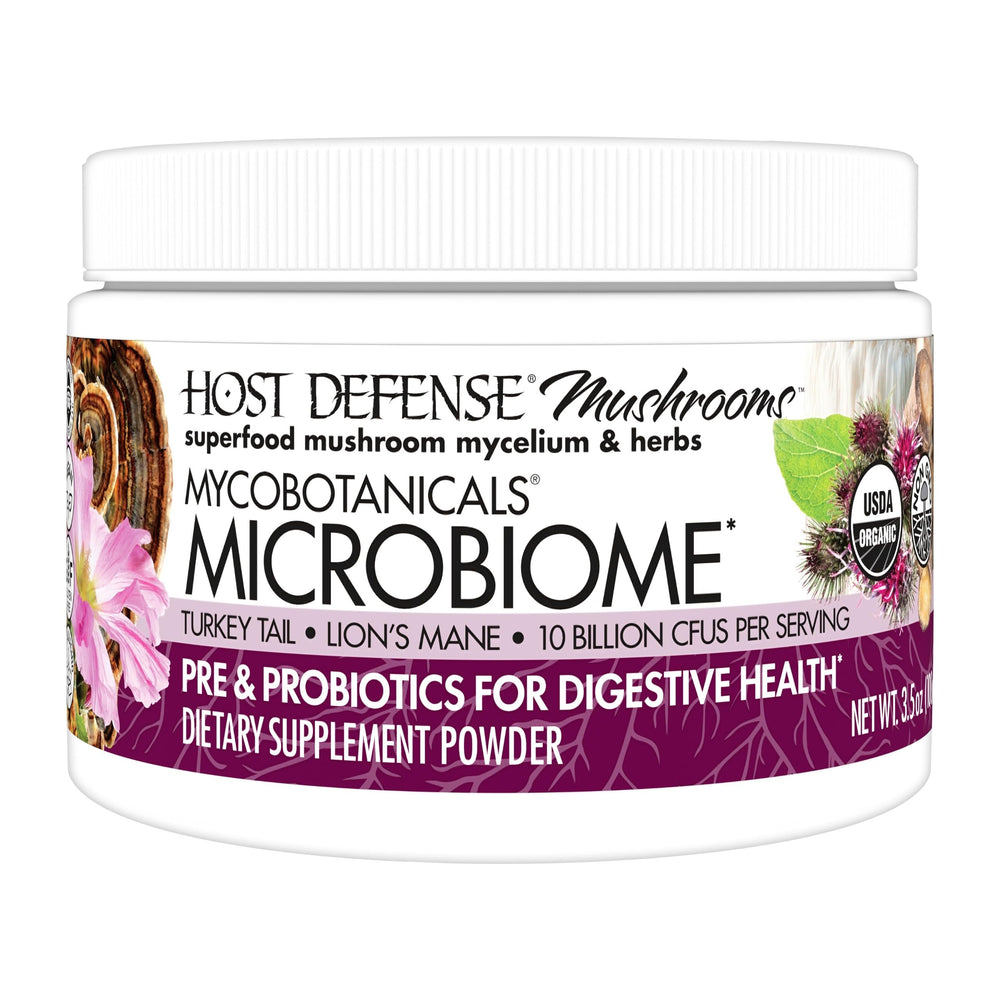 Host Defense MycoBotanicals Microbiome Powder bottle supports digestive microflora.