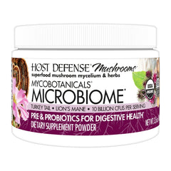 Host Defense MycoBotanicals Microbiome Powder bottle supports digestive microflora.