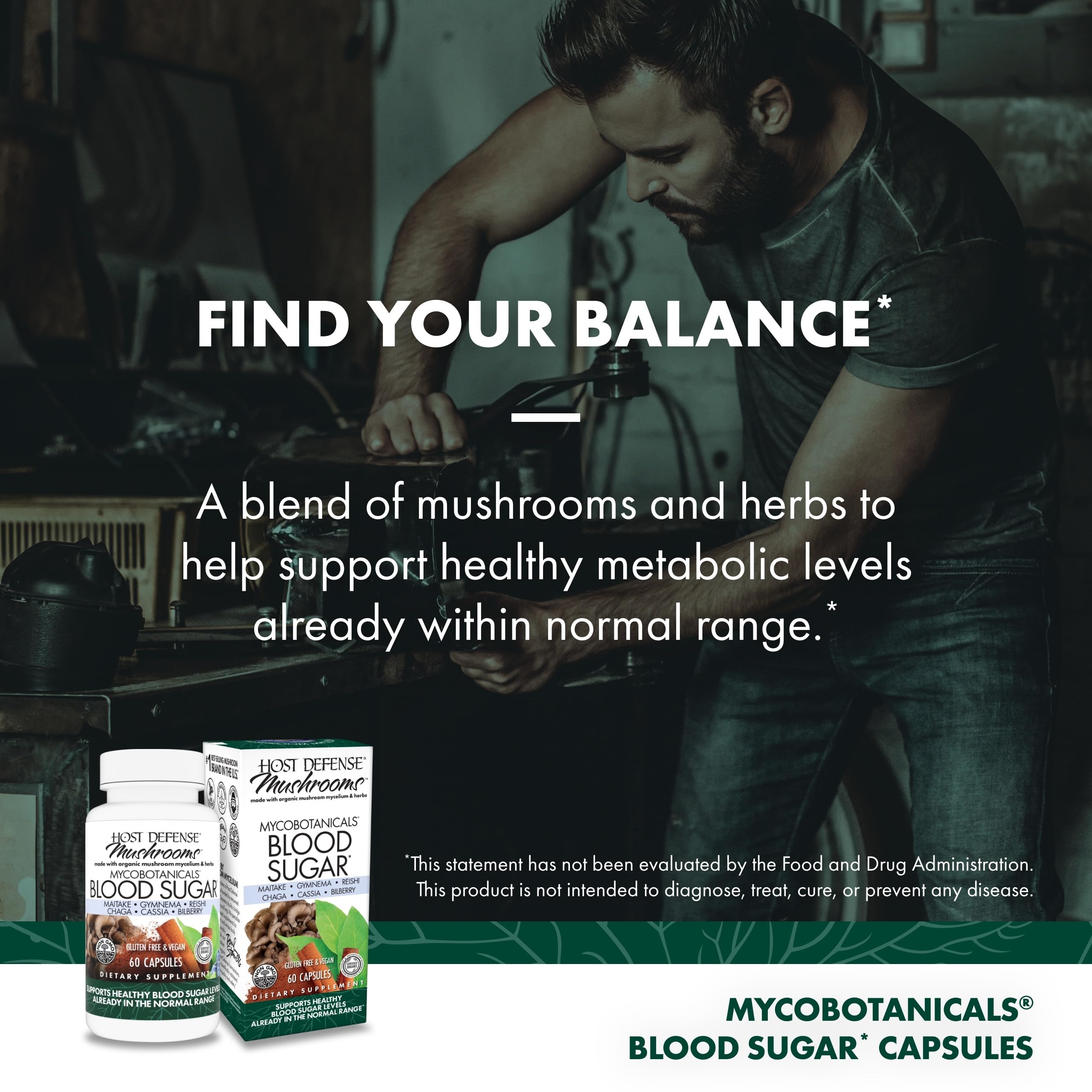 Host Defense MycoBotanicals in-use shot with morning tea capsule intake.