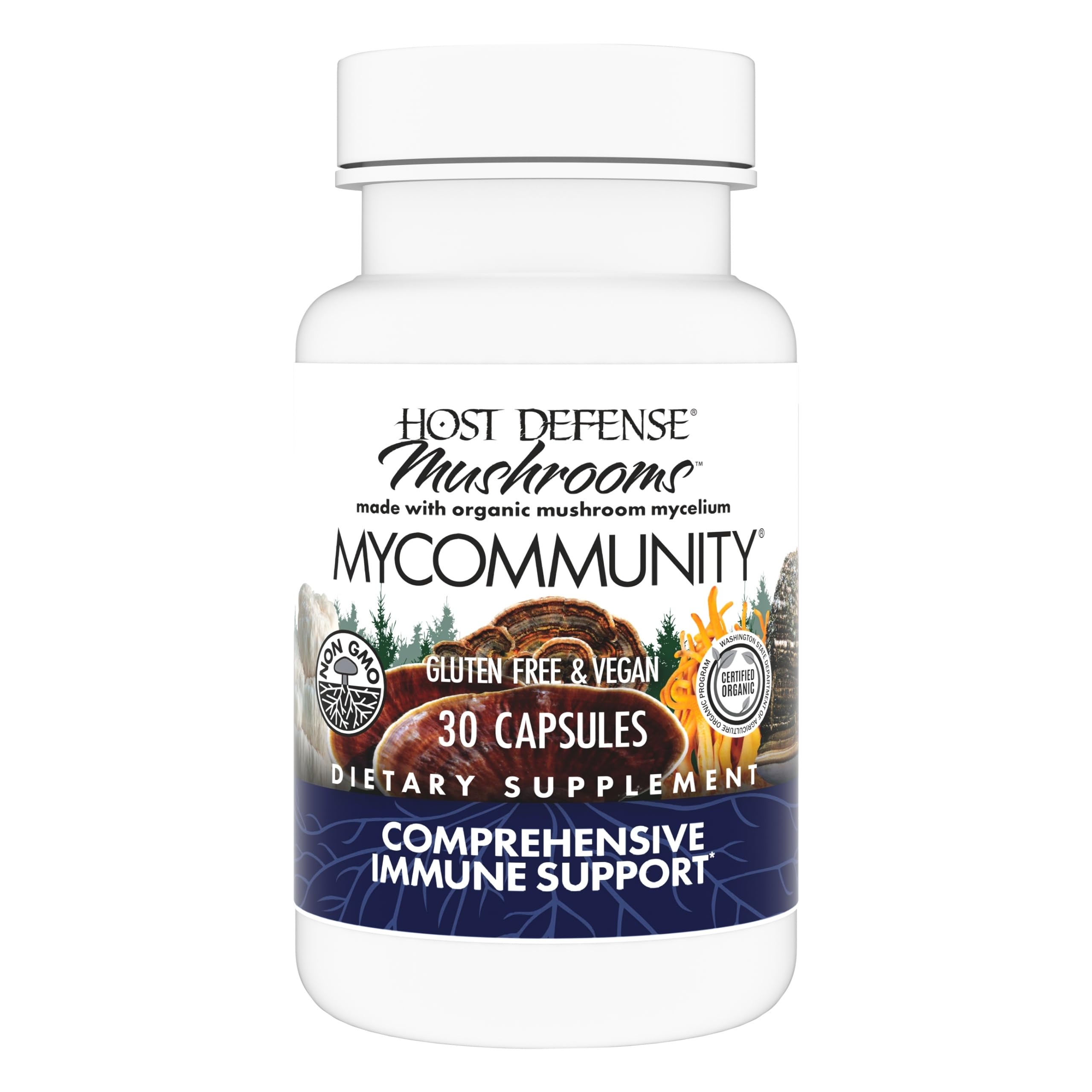 Host Defense MyCommunity bottle close-up showing capsules for immune support