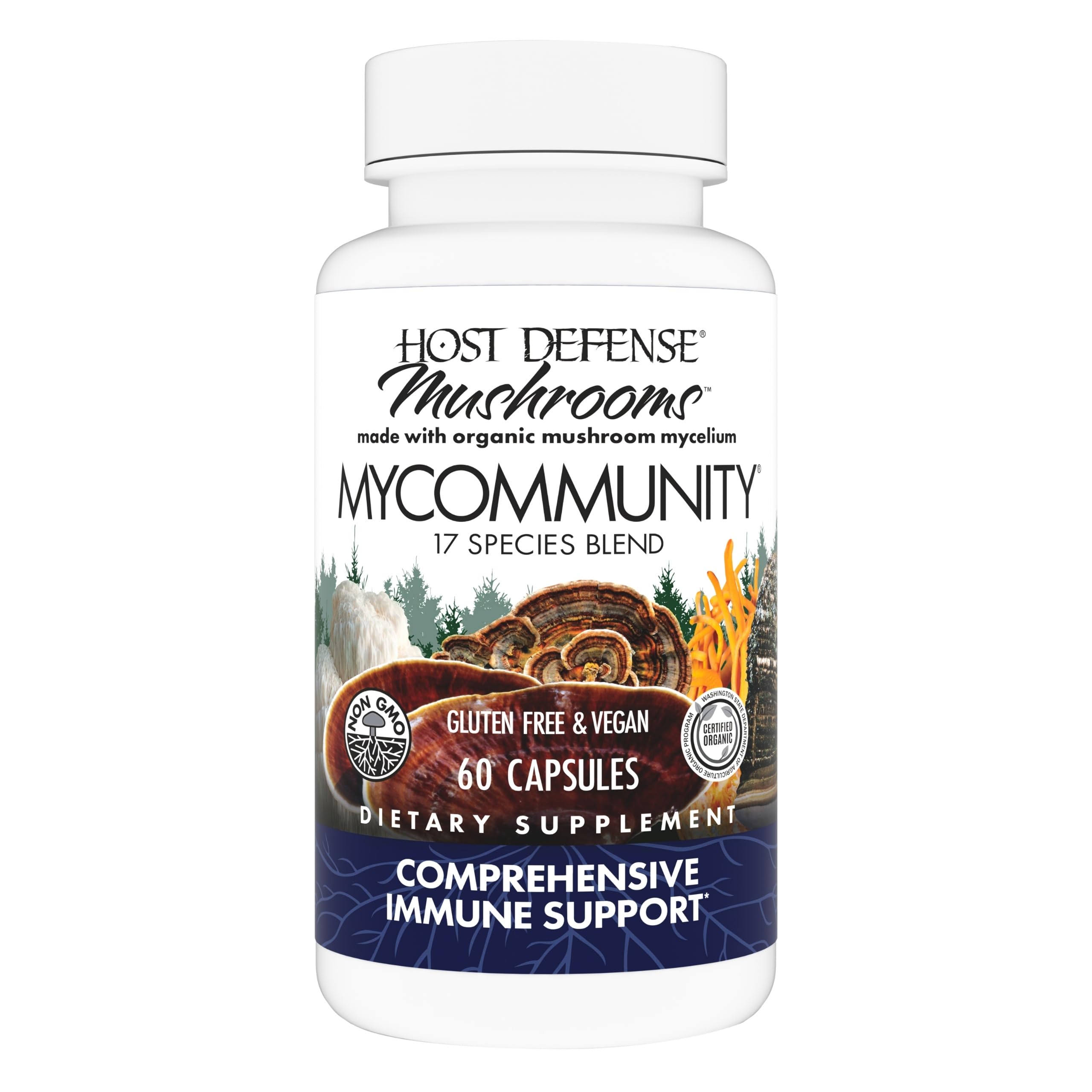 Host Defense MyCommunity bottle on a wooden surface for daily immune routine.
