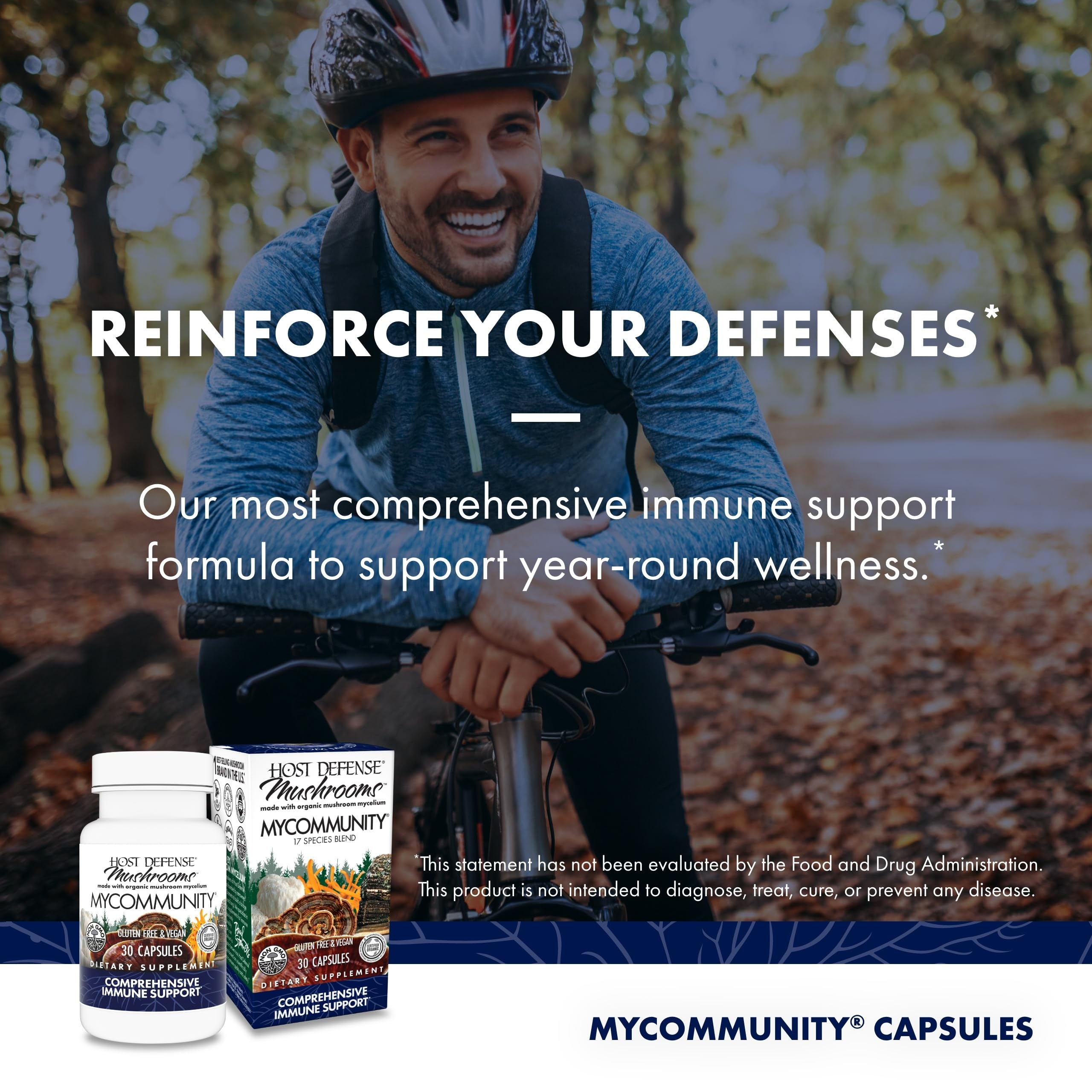 MyCommunity jar against forest background suggests natural mushroom-derived immune support