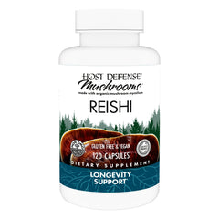 Host Defense Reishi capsules bottle on white, supports daily immune health.