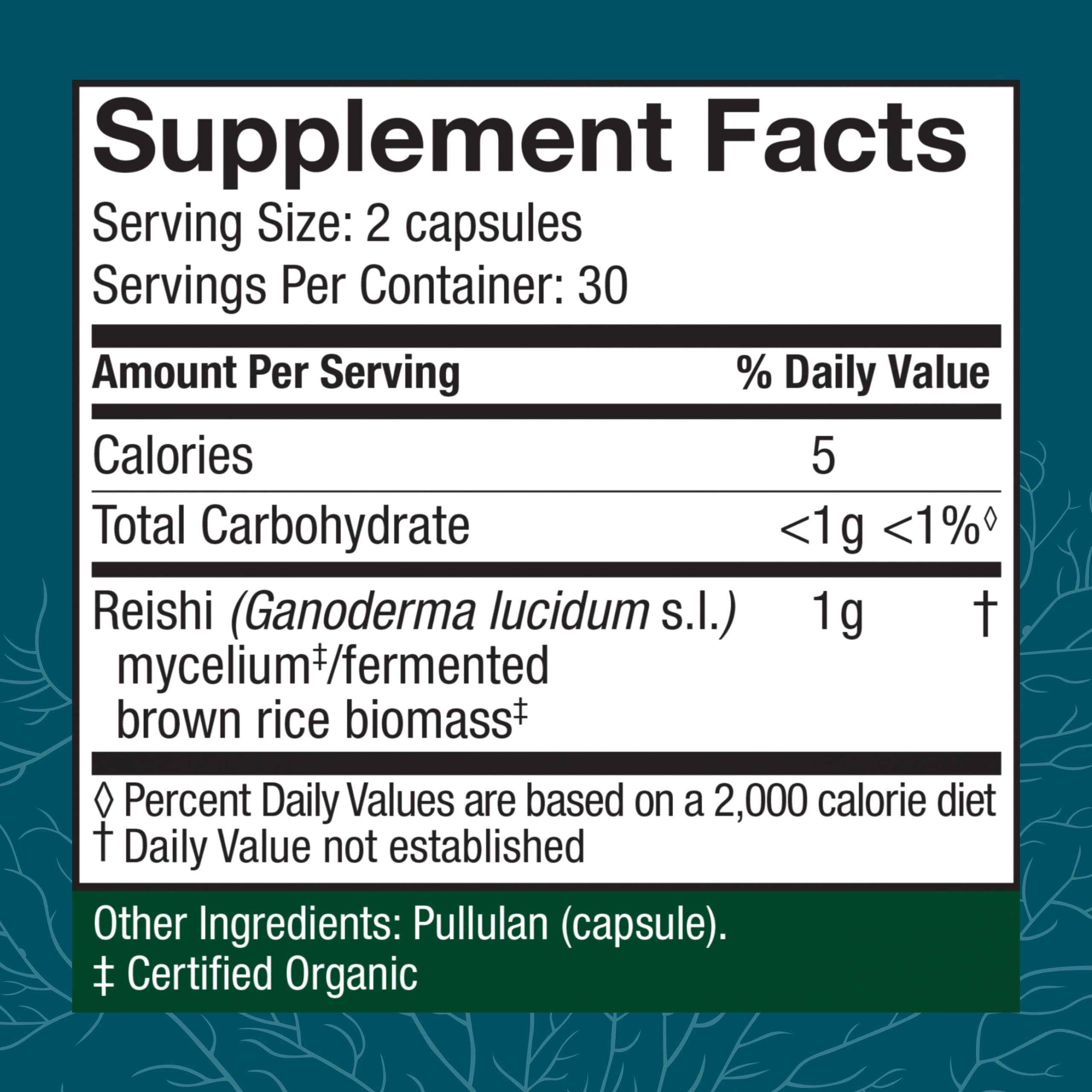 Host Defense Reishi capsules label close-up highlighting organic non-GMO ingredients