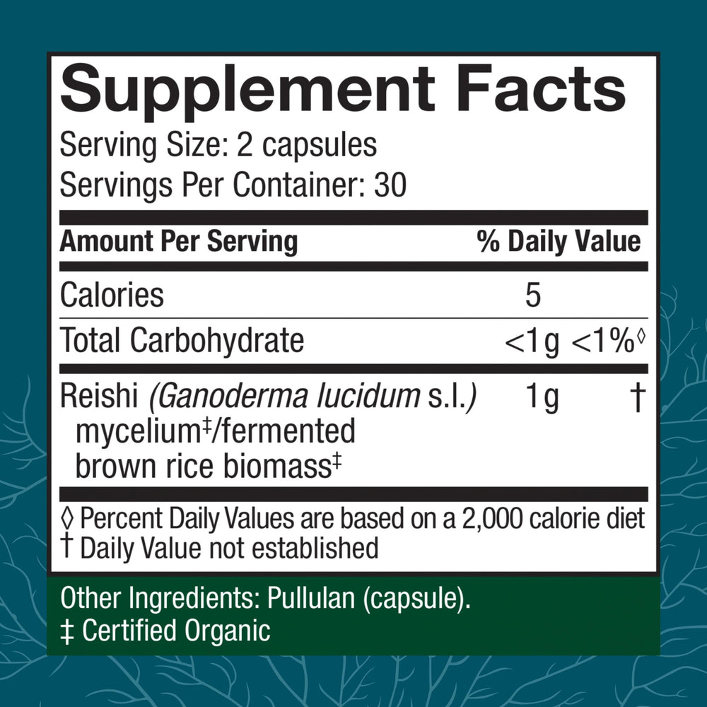 Host Defense Reishi capsules label close-up highlighting organic non-GMO ingredients