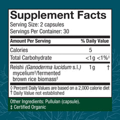 Host Defense Reishi capsules label close-up highlighting organic non-GMO ingredients