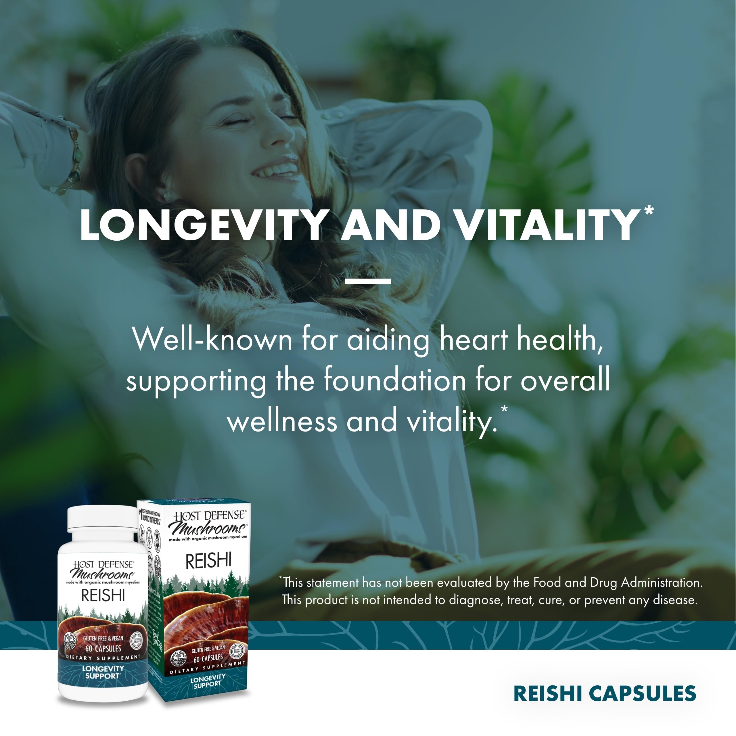 Host Defense Reishi capsules with USA-grown certification badge