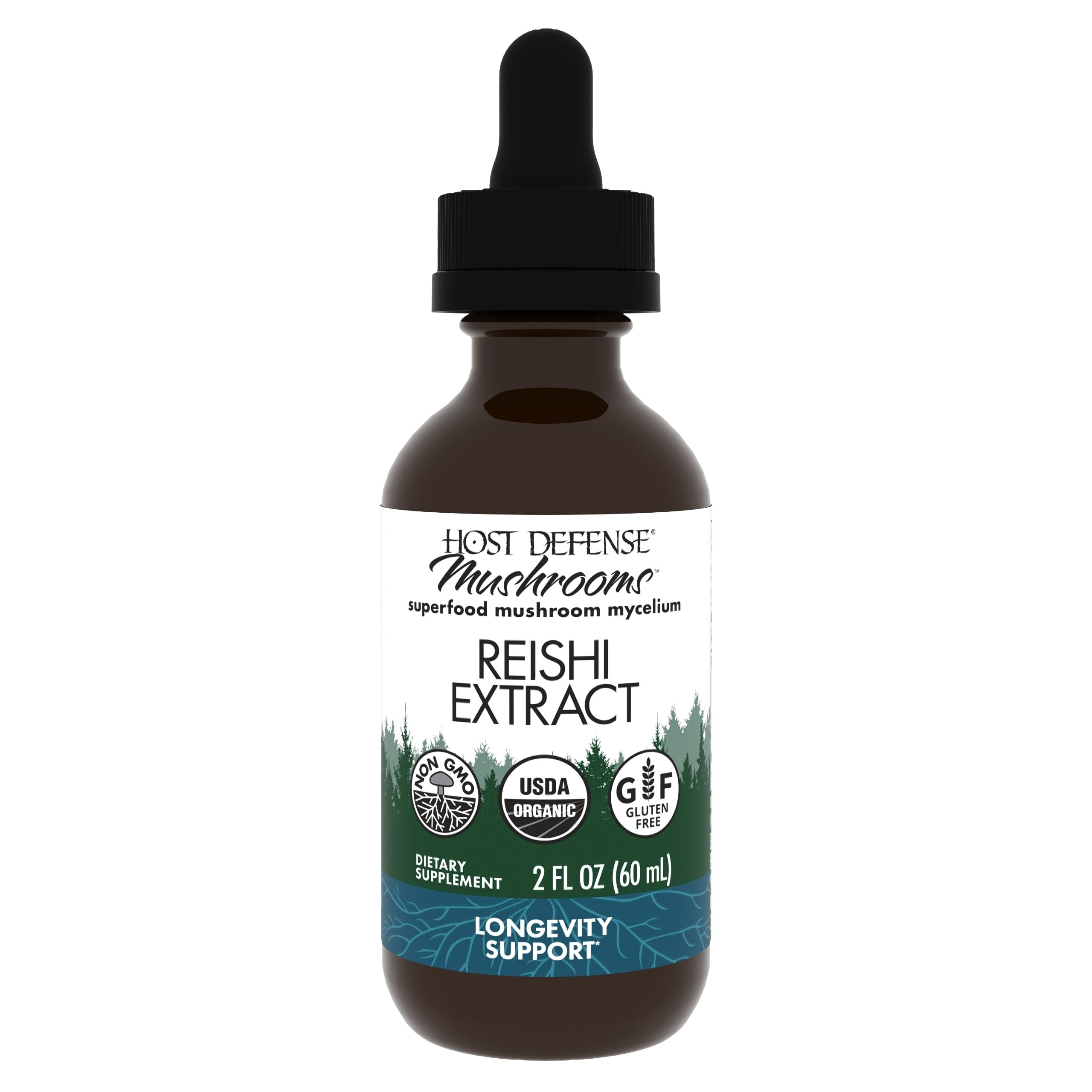 Host Defense Reishi extract bottle shows immune and energy support.