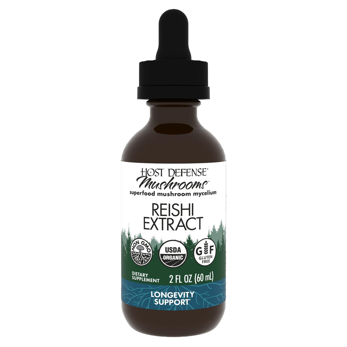 Host Defense Reishi extract bottle shows immune and energy support.