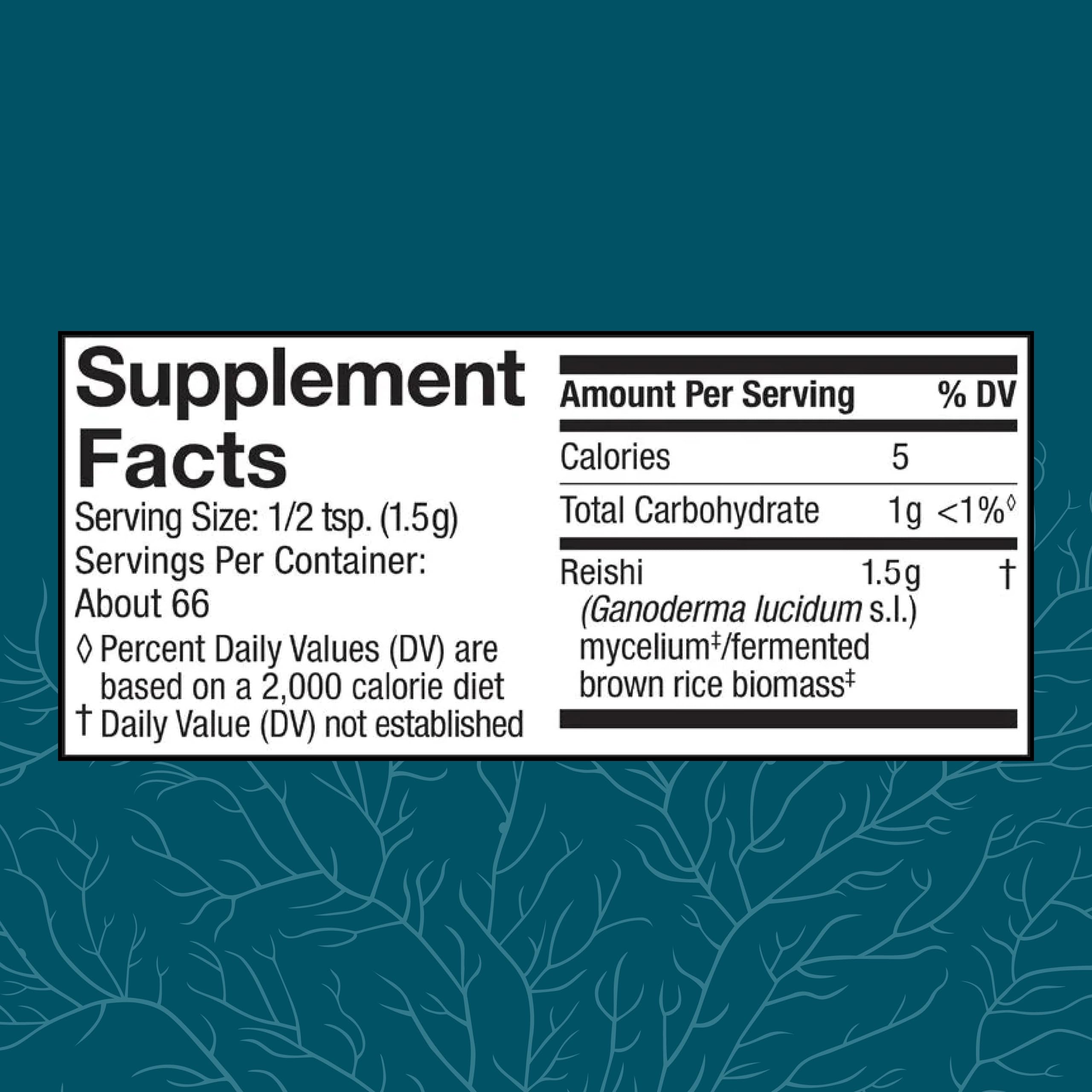 Close-up of Reishi powder label highlighting organic, non-GMO ingredients