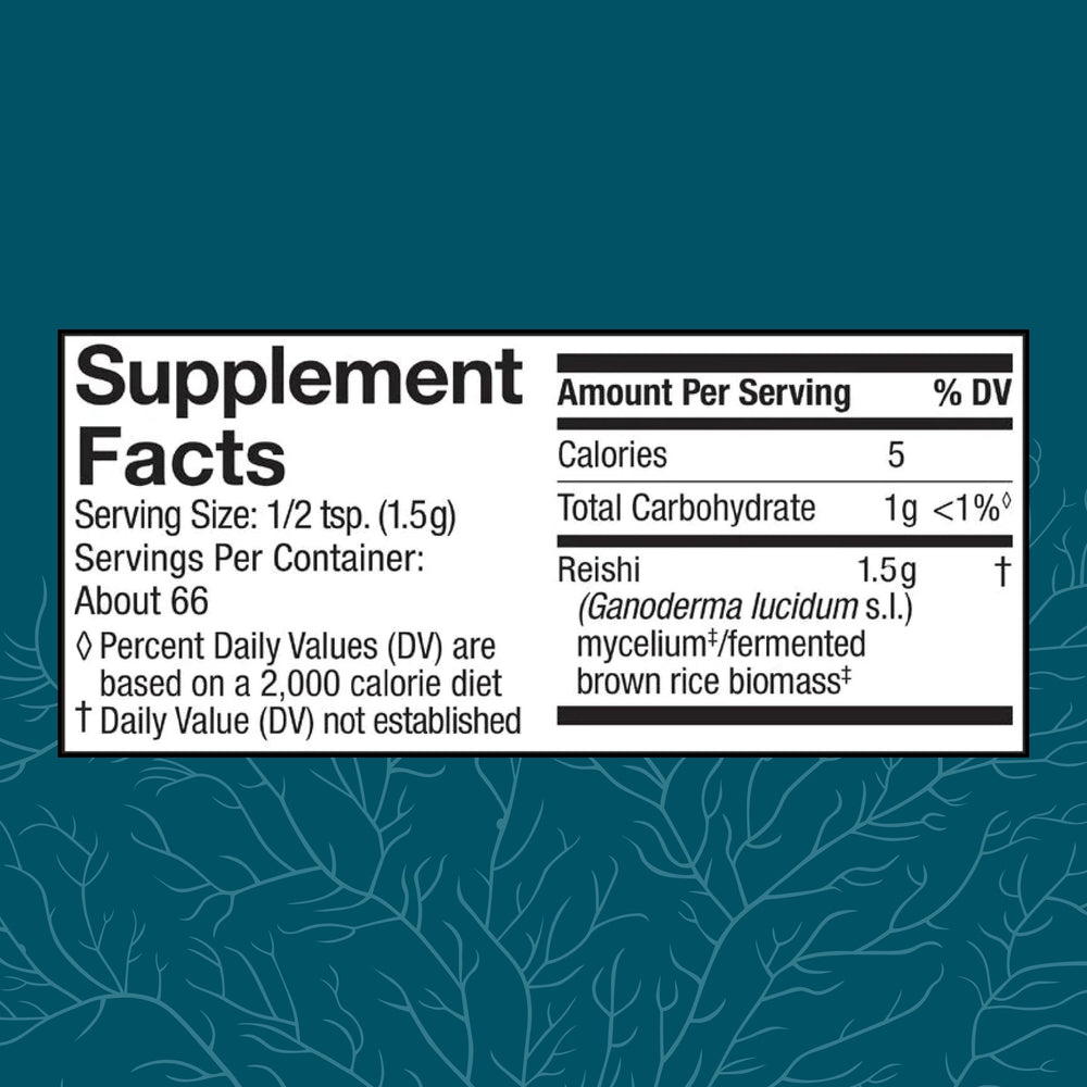 Close-up of Reishi powder label highlighting organic, non-GMO ingredients