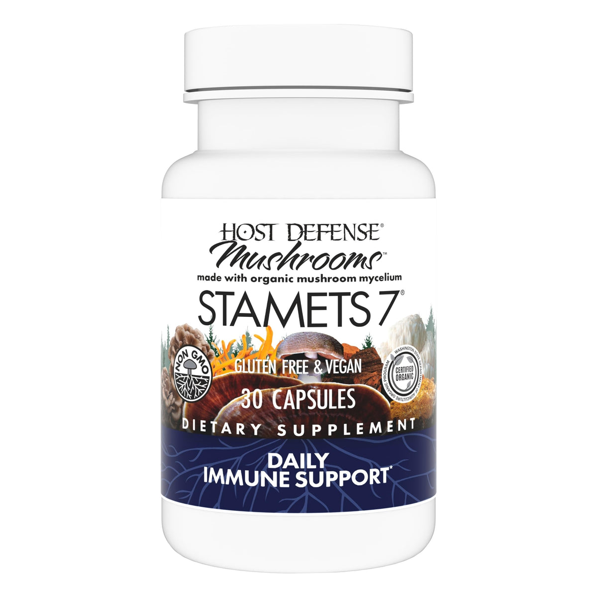 Host Defense Stamets 7-7 bottle label highlights the seven-species blend for daily support.