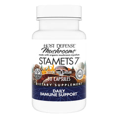 Host Defense Stamets 7-7 bottle label highlights the seven-species blend for daily support.
