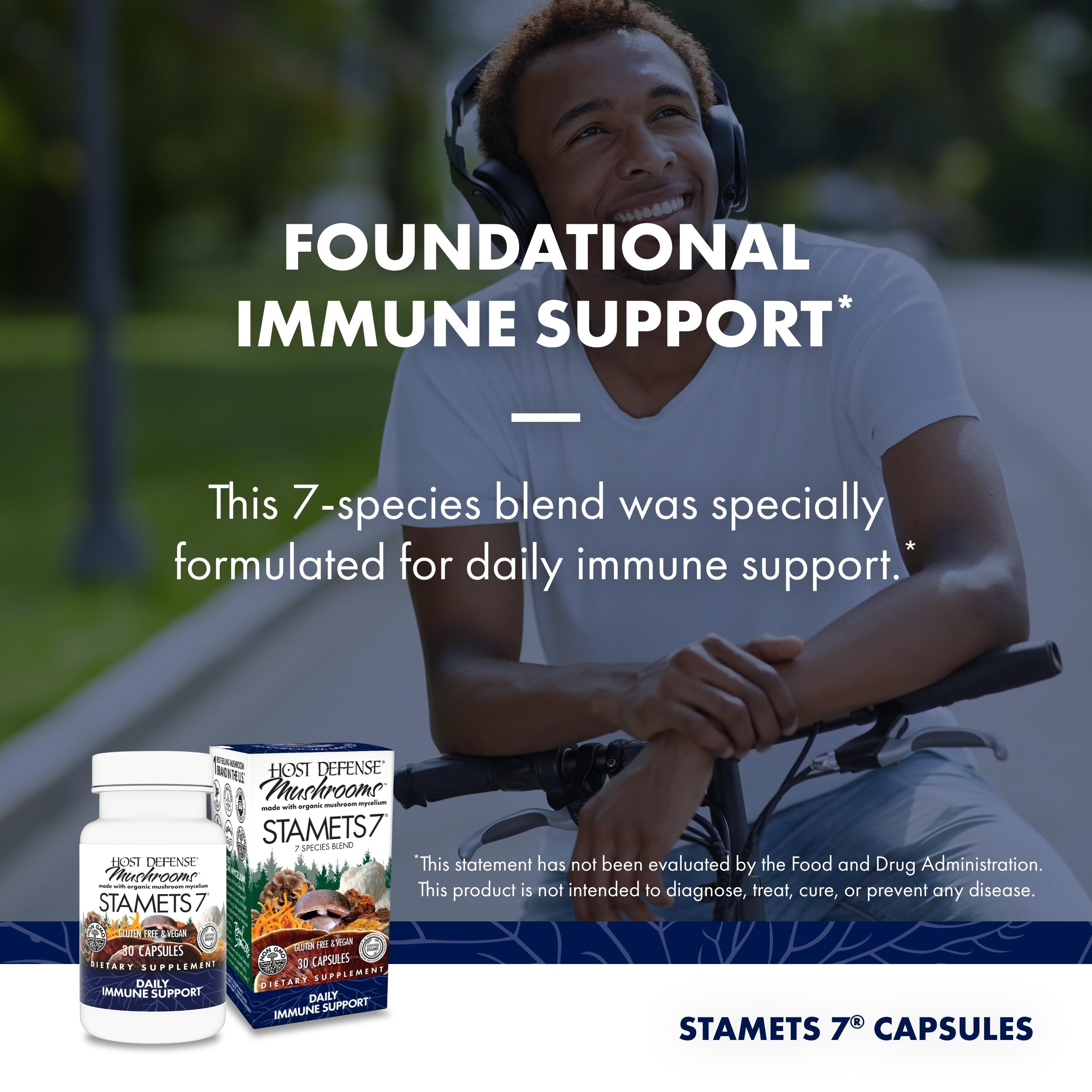Host Defense Stamets 7-7 ingredients panel with seven mushroom types.