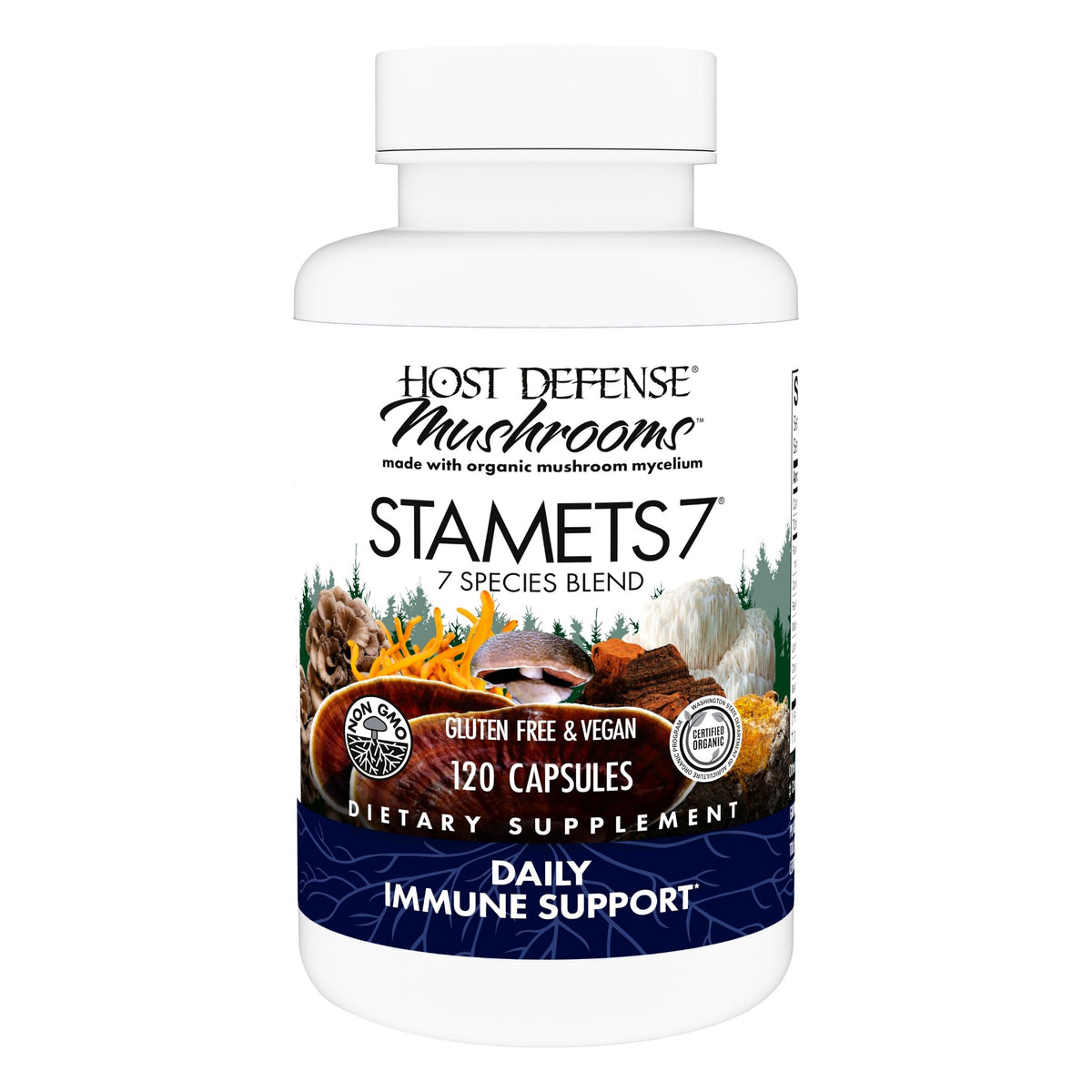 Host Defense Stamets7 bottle front for easy daily immune support.