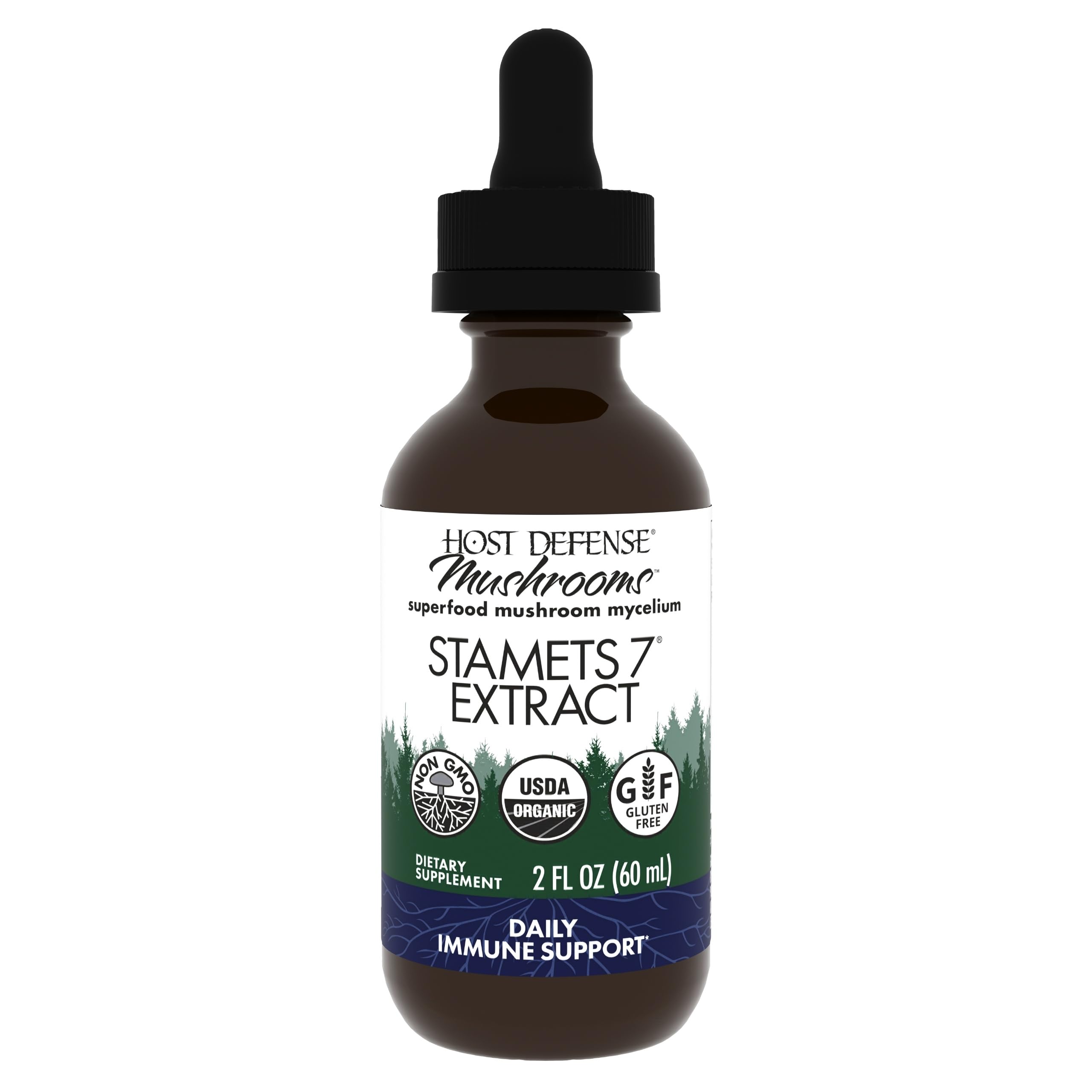 Host Defense Stamets 7 extract bottle showing the 7-species blend for daily immune support