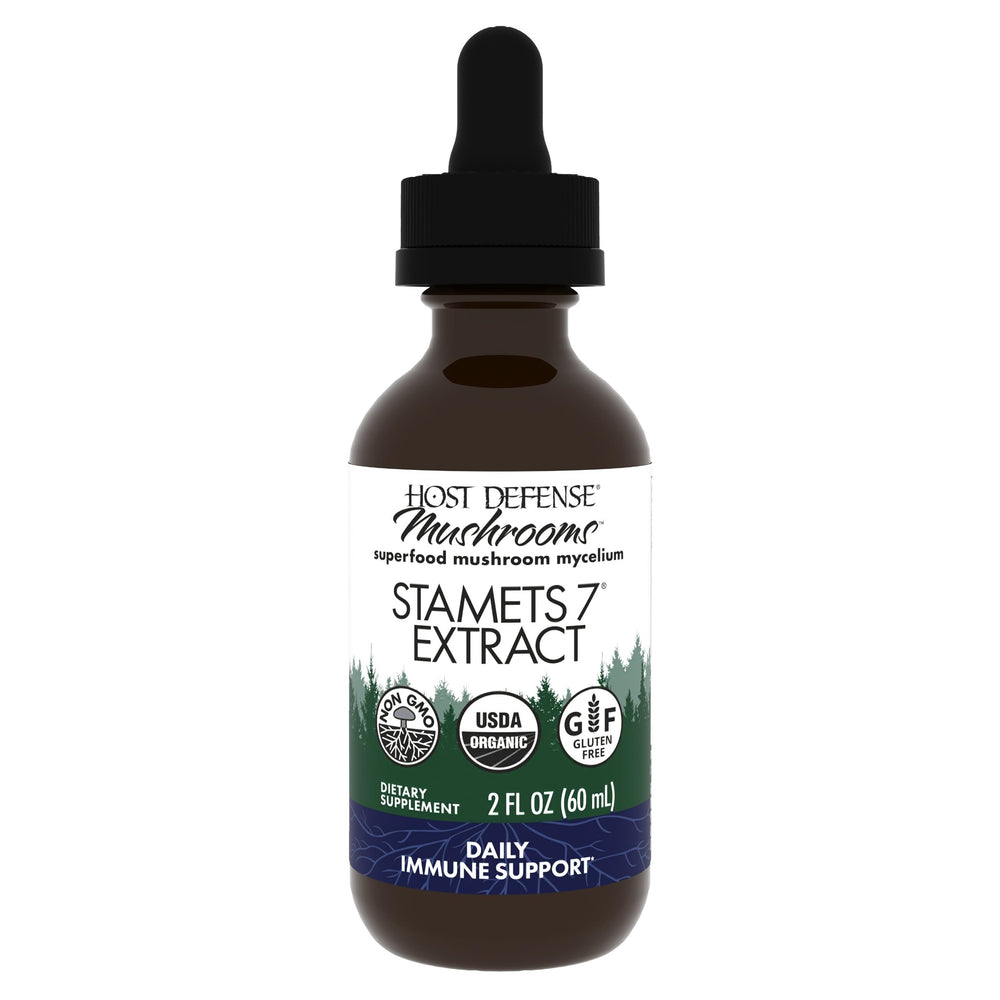 Host Defense Stamets 7 extract bottle showing the 7-species blend for daily immune support