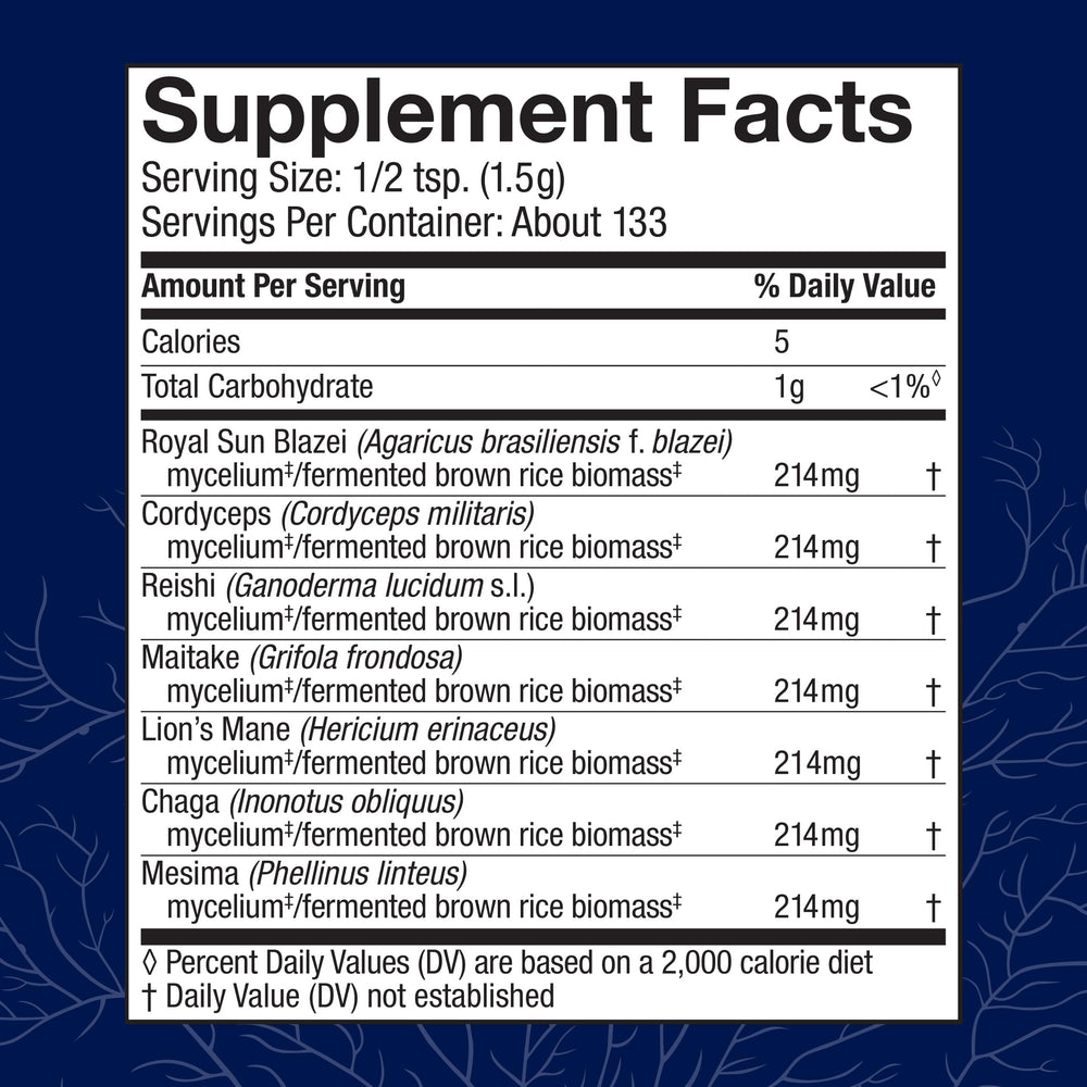 Host Defense Stamets 7 label close-up, highlights seven-species mushroom blend.