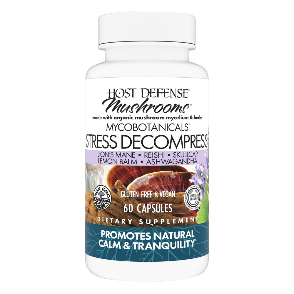 Host Defense Stress Decompress bottle with capsules highlights calm-inducing daily support.
