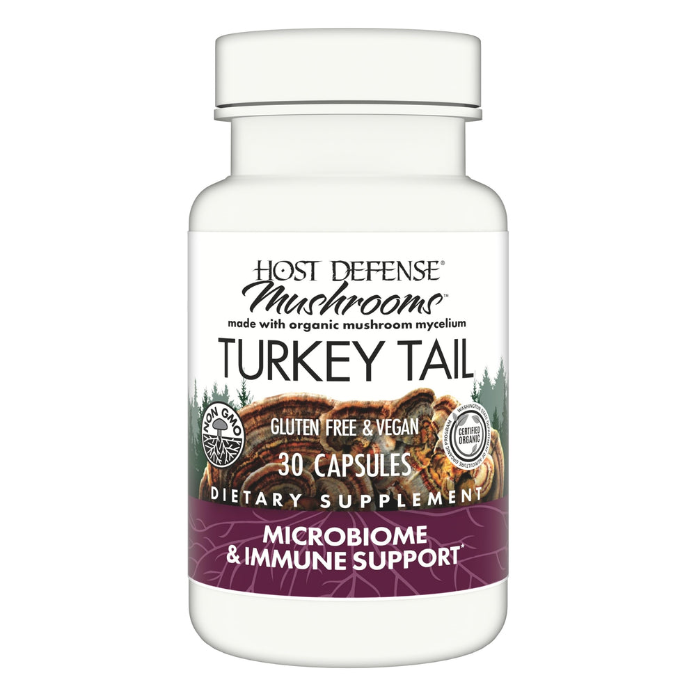 Host Defense Turkey Tail capsules bottle front shows digestive and immune support in action