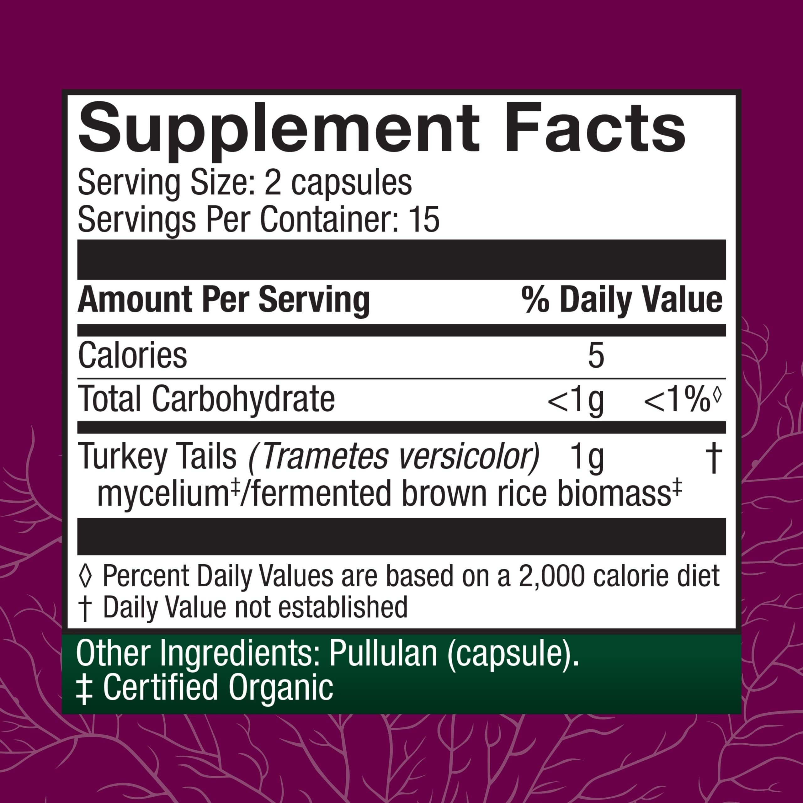 Host Defense Turkey Tail label closeup highlights organic mushroom source and prebiotic blend