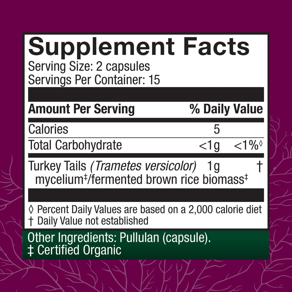 Host Defense Turkey Tail label closeup highlights organic mushroom source and prebiotic blend