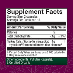 Host Defense Turkey Tail label closeup highlights organic mushroom source and prebiotic blend