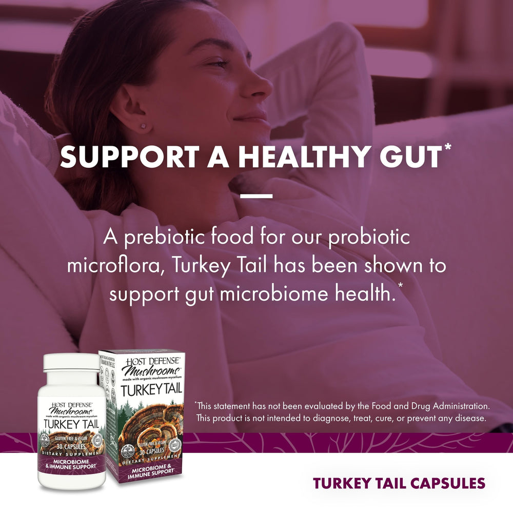 Host Defense Turkey Tail capsules in hand convey on-the-go wellness support