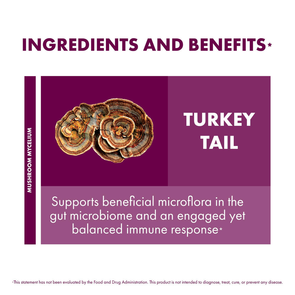 Host Defense Turkey Tail capsules ingredient list close-up emphasizing organic mycelium