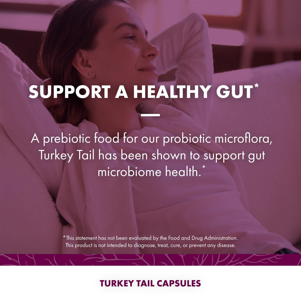 Host Defense Turkey Tail capsules packaging feature highlighting digestive balance