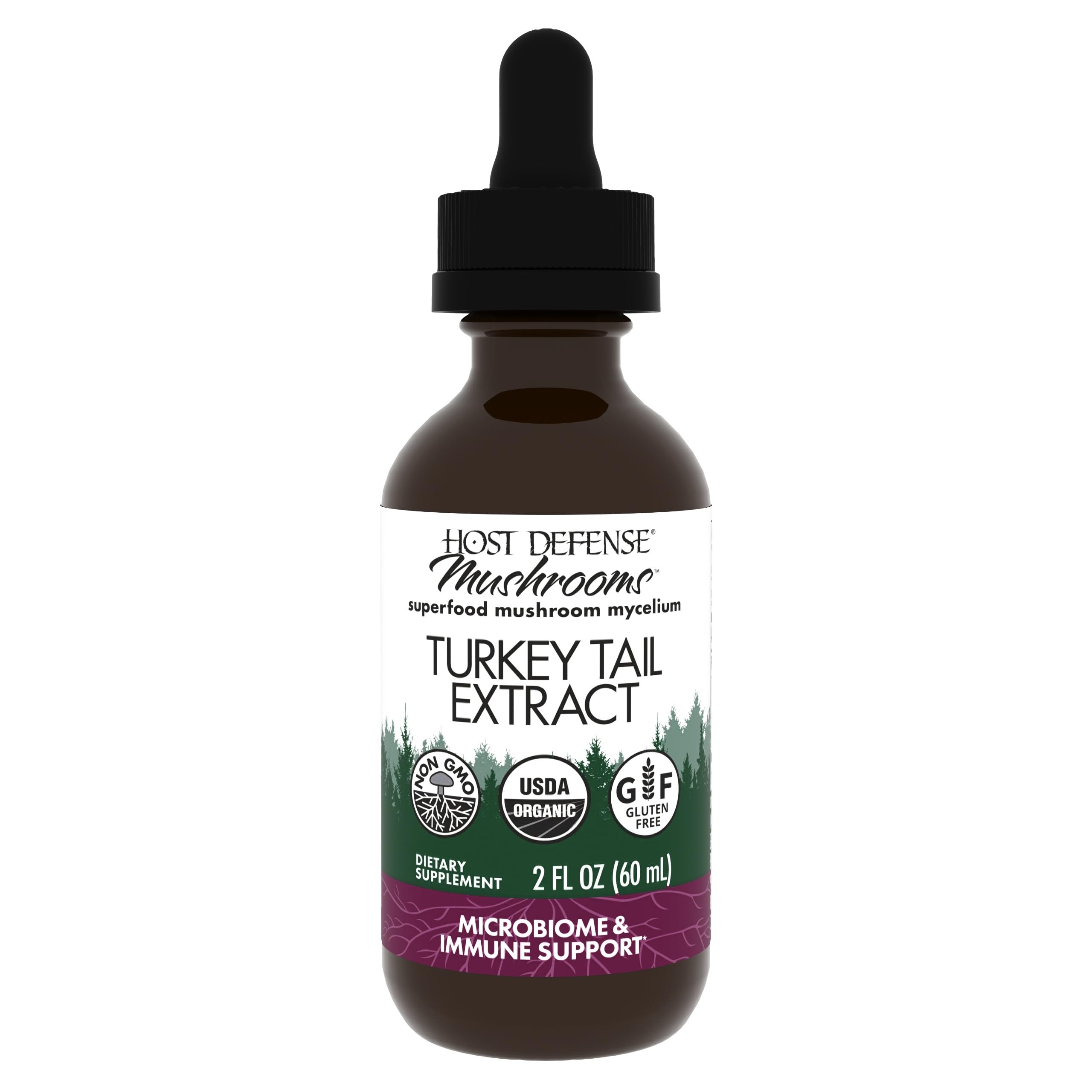 Host Defense Turkey Tail Extract bottle label indicating digestive health support.