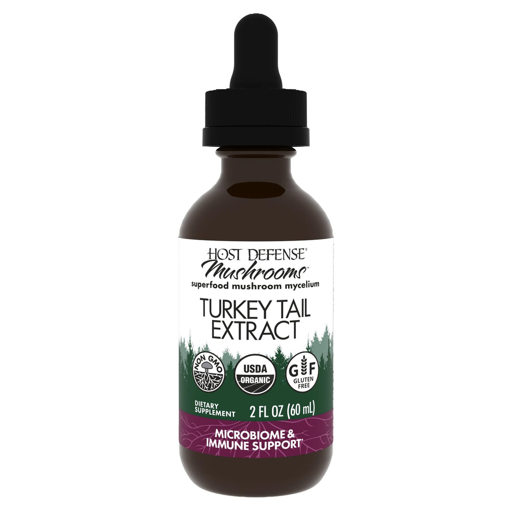 Host Defense Turkey Tail Extract bottle label indicating digestive health support.