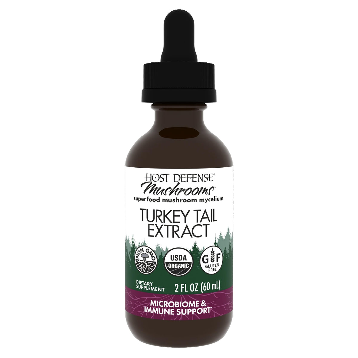 Host Defense Turkey Tail Extract bottle label indicating digestive health support.
