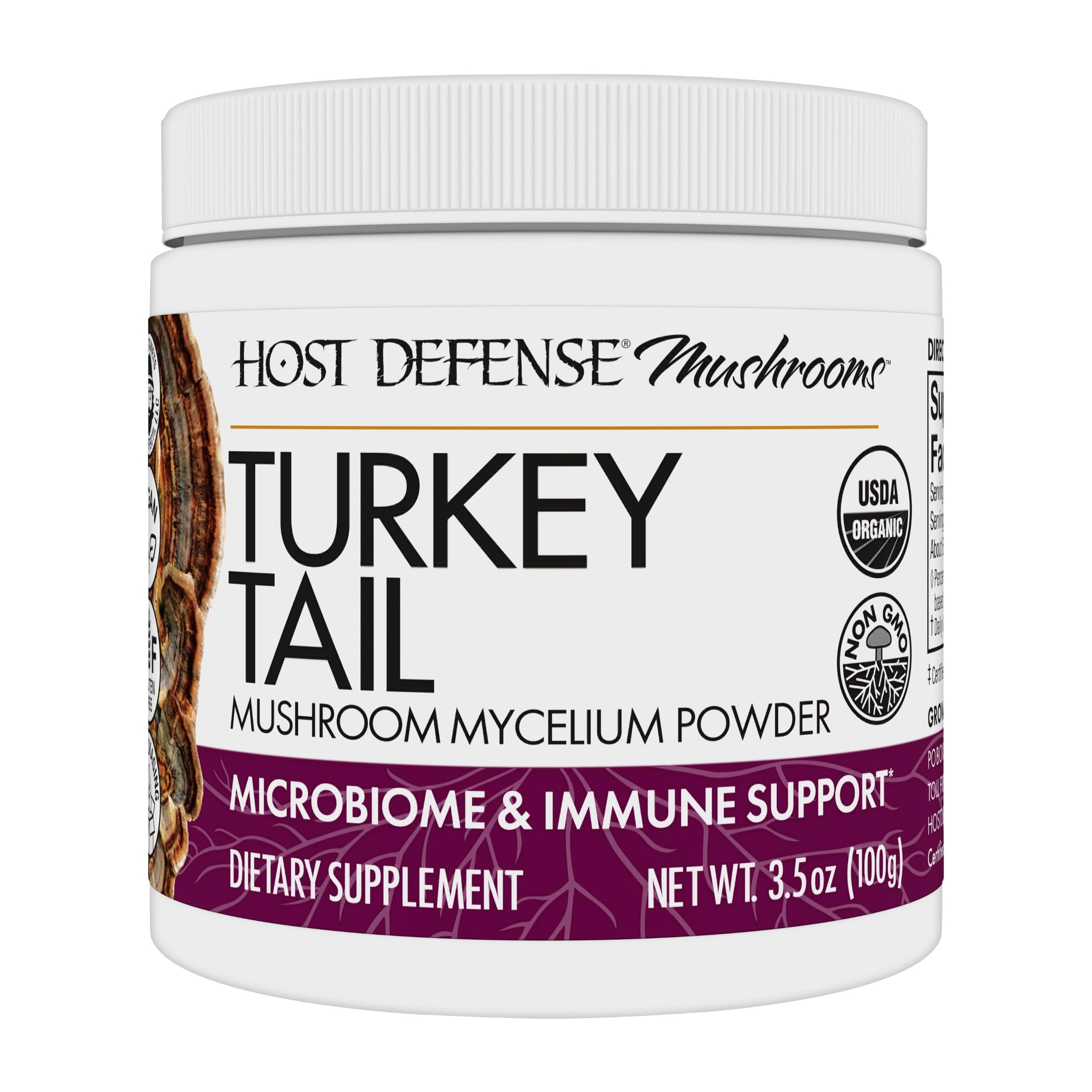 Host Defense Turkey Tail powder bottle ready for daily digestive support.