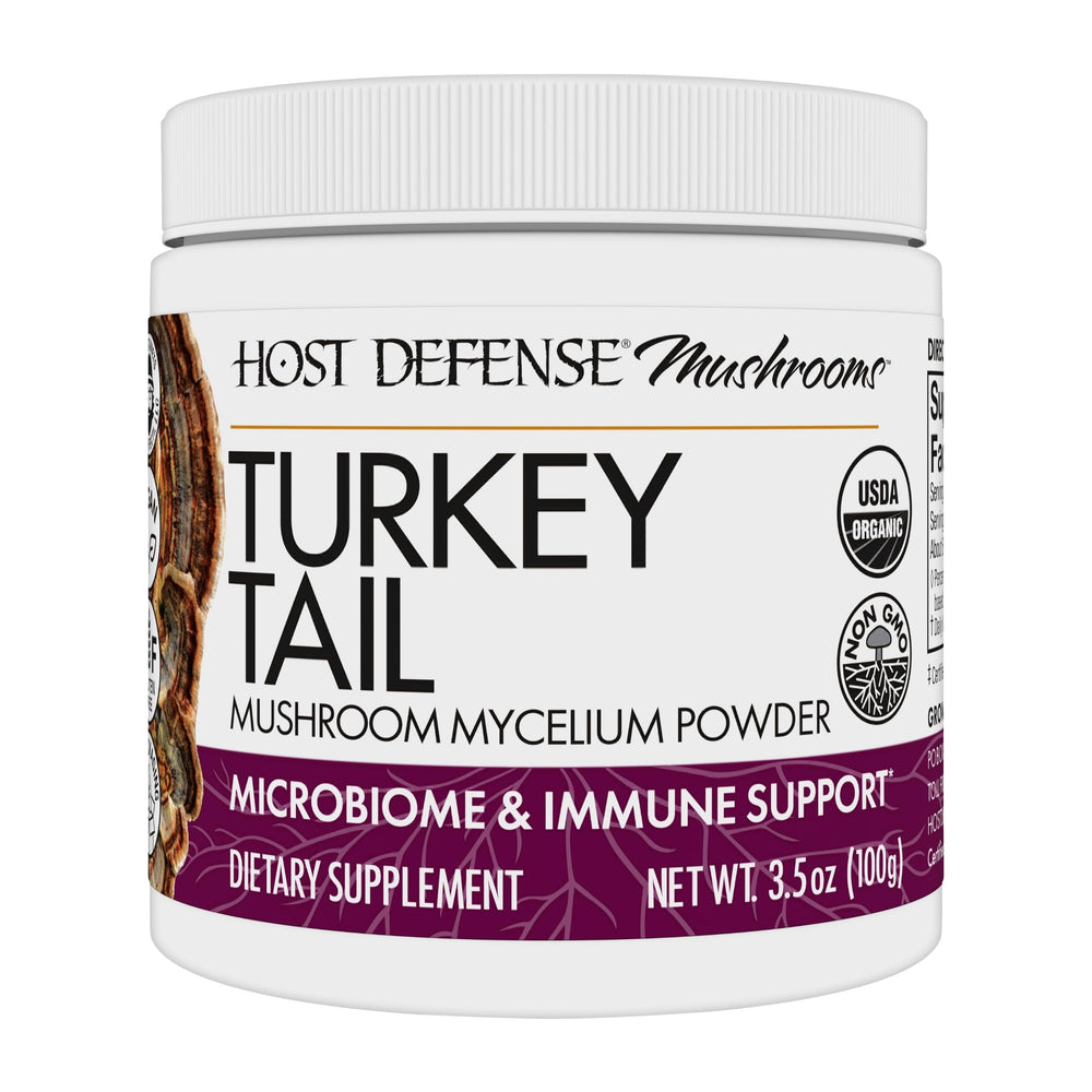 Host Defense Turkey Tail powder bottle ready for daily digestive support.